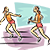 two girls running a relay race, passing a baton to each other