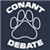 paw print outlined in white with the words Conant Debate in white at the top on a blue background
