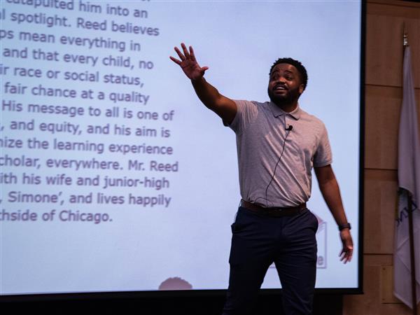 Instructor and influencer, Dwayne Reed, who goes by the handle TeachMrReed, was the keynote speaker at the Future Educators of America conference hosted by Harper College.